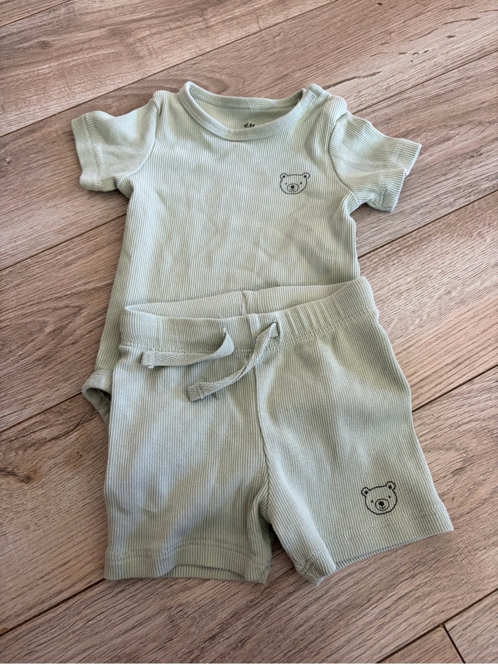 H&M Light Sage Ribbed Short Sleeve Bodysuit & Shorts Set